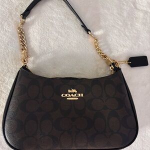 Coach Dark Brown and Black Shoulder Bag with Gold Chain